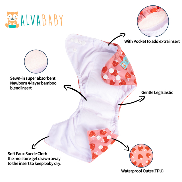 Newborn all In One Diaper with Pocket Sewn-in one Newborn 4-layer Bamboo blend insert-Strawberry(SAO-H441A)