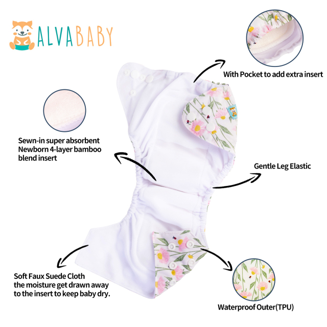 Newborn all In One Diaper with Pocket Sewn-in one Newborn 4-layer Bamboo blend insert-Flowers(SAO-H434A)