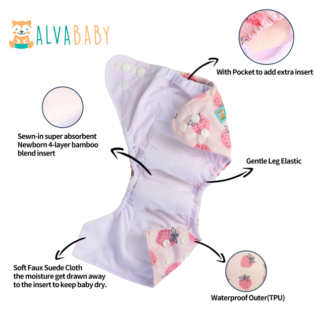 Newborn all In One Diaper with Pocket Sewn-in one Newborn 4-layer Bamboo blend insert-Strawberry (SAO-EW01A)