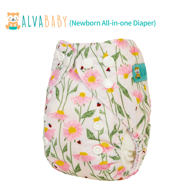 Newborn all In One Diaper with Pocket Sewn-in one Newborn 4-layer Bamboo blend insert-Flowers(SAO-H434A)