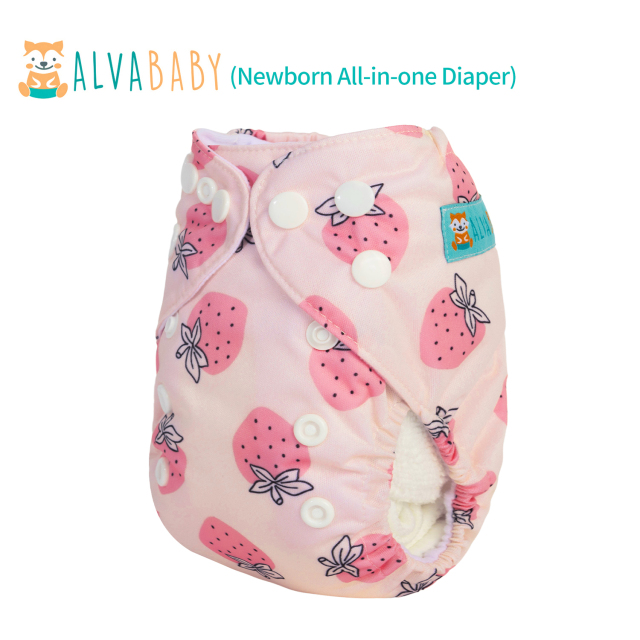 Newborn all In One Diaper with Pocket Sewn-in one Newborn 4-layer Bamboo blend insert-Strawberry (SAO-EW01A)