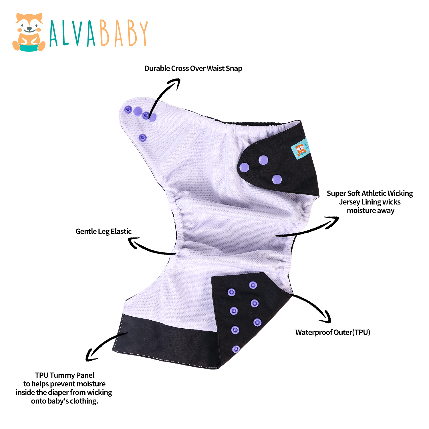 ALVABABY AWJ Lining Cloth Diaper with Tummy Panel for Babies -Black(WJT-B26A)