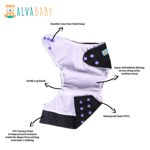 ALVABABY AWJ Lining Cloth Diaper with Tummy Panel for Babies -Black(WJT-B26A)