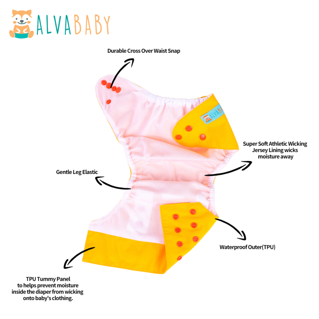 ALVABABY AWJ Lining Cloth Diaper with Tummy Panel for Babies -Yellow(WJT-B01A)