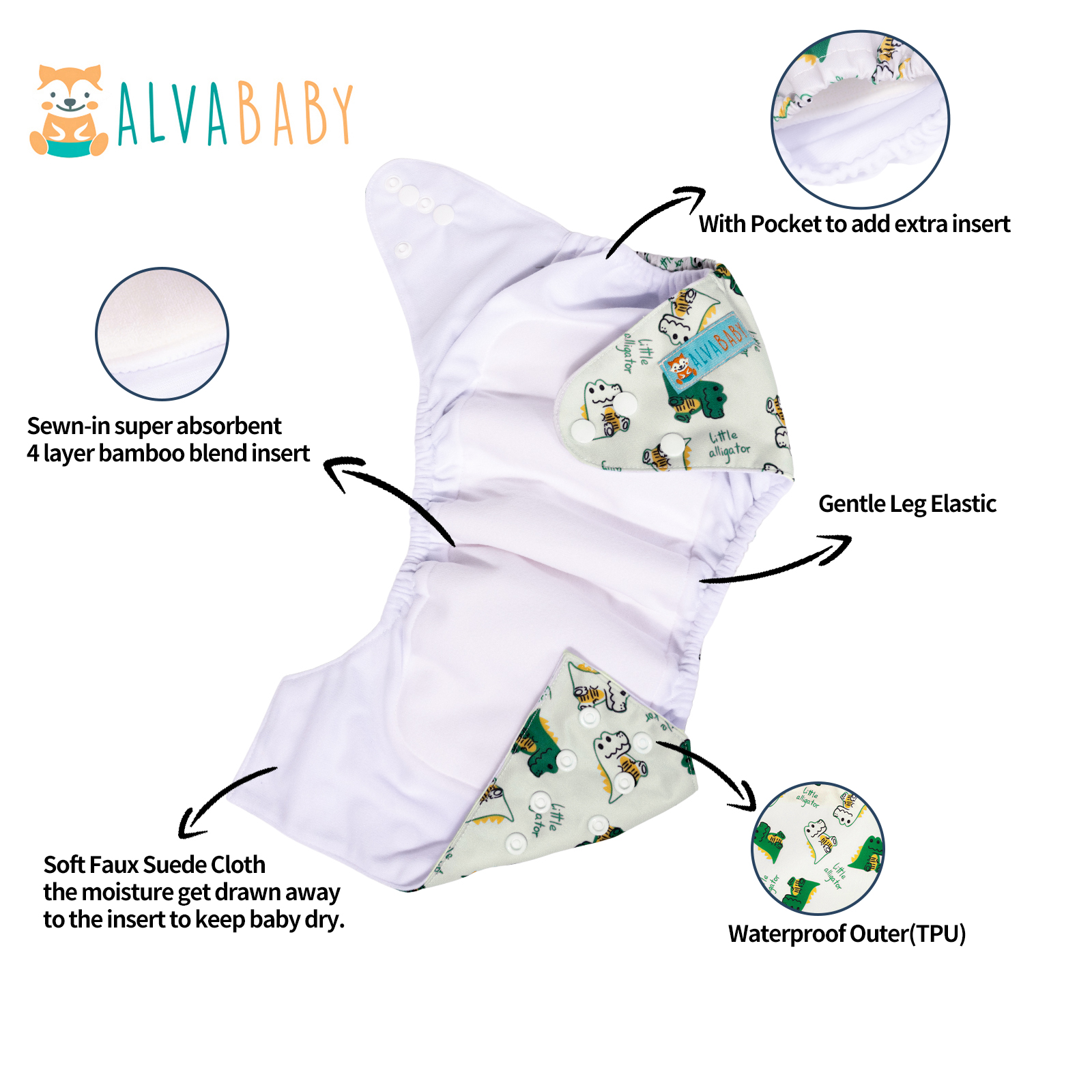 All In One Diaper with Pocket Sewn-in one 4-layer Bamboo blend insert-Dinosaur(AO-EW03A)
