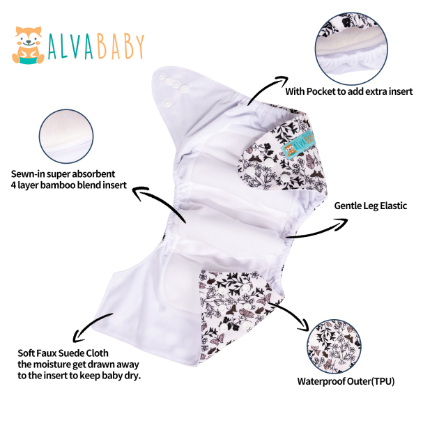 All In One Diaper with Pocket Sewn-in one 4-layer Bamboo blend insert-Butterfly(AO-EW04A)