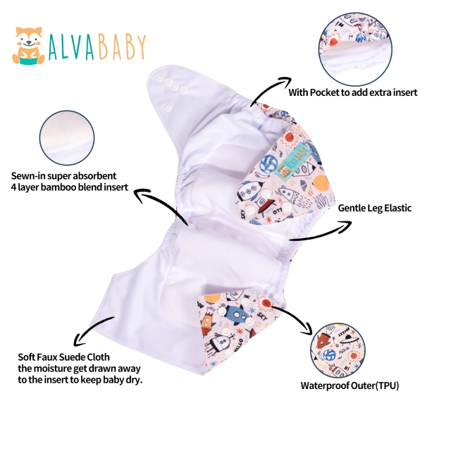 All In One Diaper with Pocket Sewn-in one 4-layer Bamboo blend insert-Rocket  (AO-EW02A)