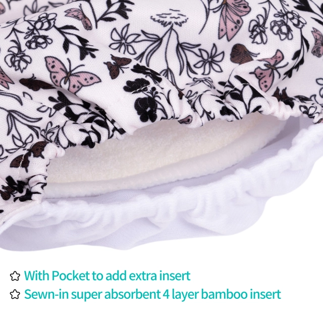 All In One Diaper with Pocket Sewn-in one 4-layer Bamboo blend insert-Butterfly(AO-EW04A)