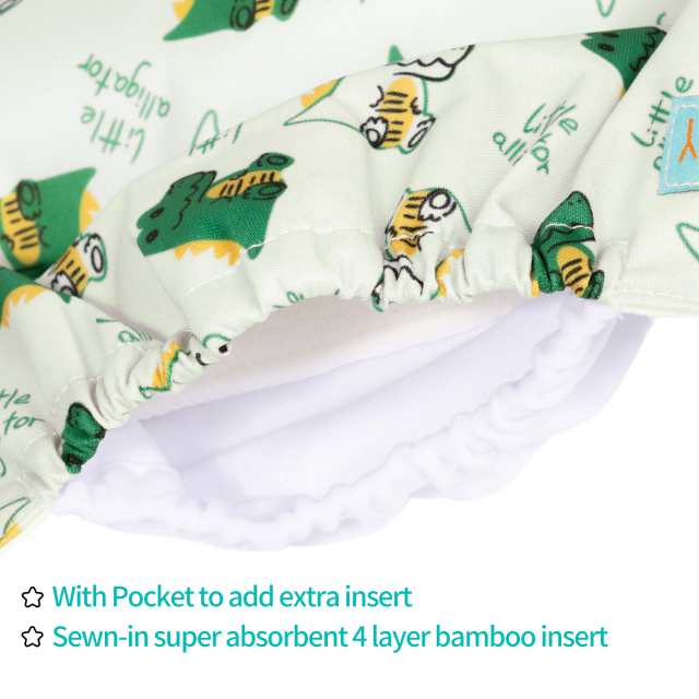 All In One Diaper with Pocket Sewn-in one 4-layer Bamboo blend insert-Dinosaur(AO-EW03A)