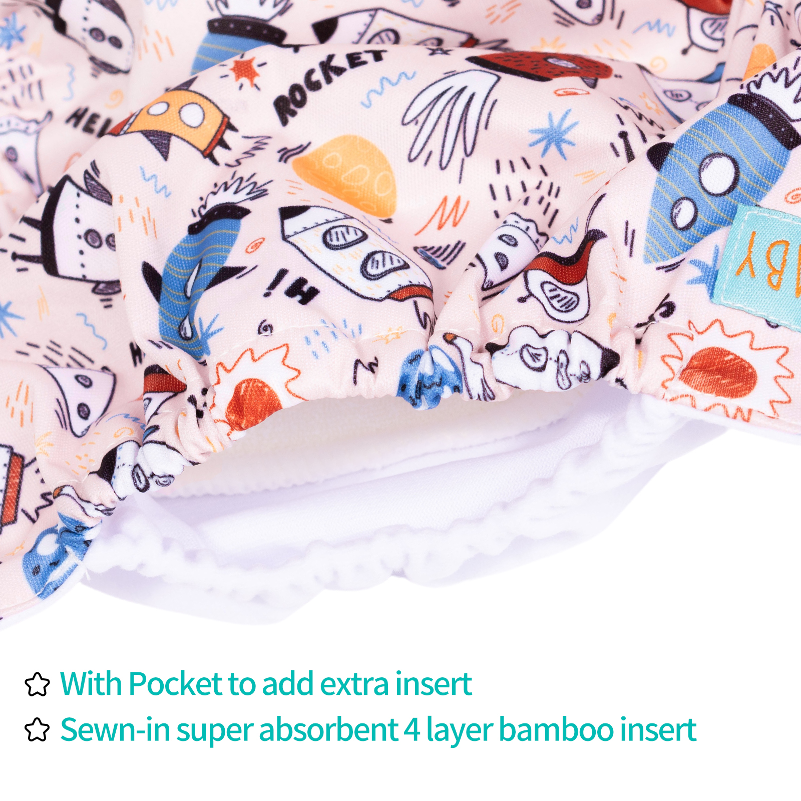 All In One Diaper with Pocket Sewn-in one 4-layer Bamboo blend insert-Rocket  (AO-EW02A)