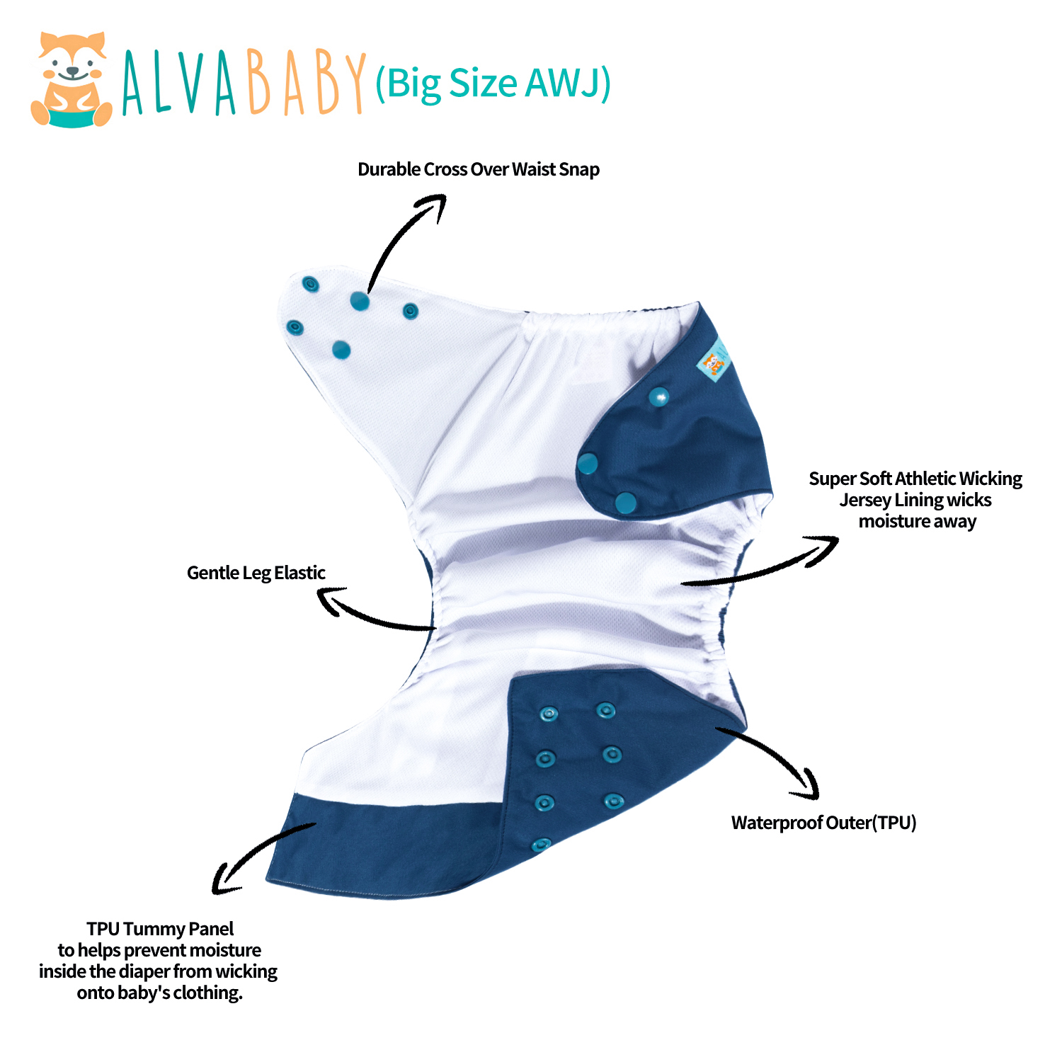 Big Size Cloth Diaper with AWJ Lining & Tummy Panel | Breathable & Ideal for Sensitive Skin (Navy Blue,ZWJT-B38A)