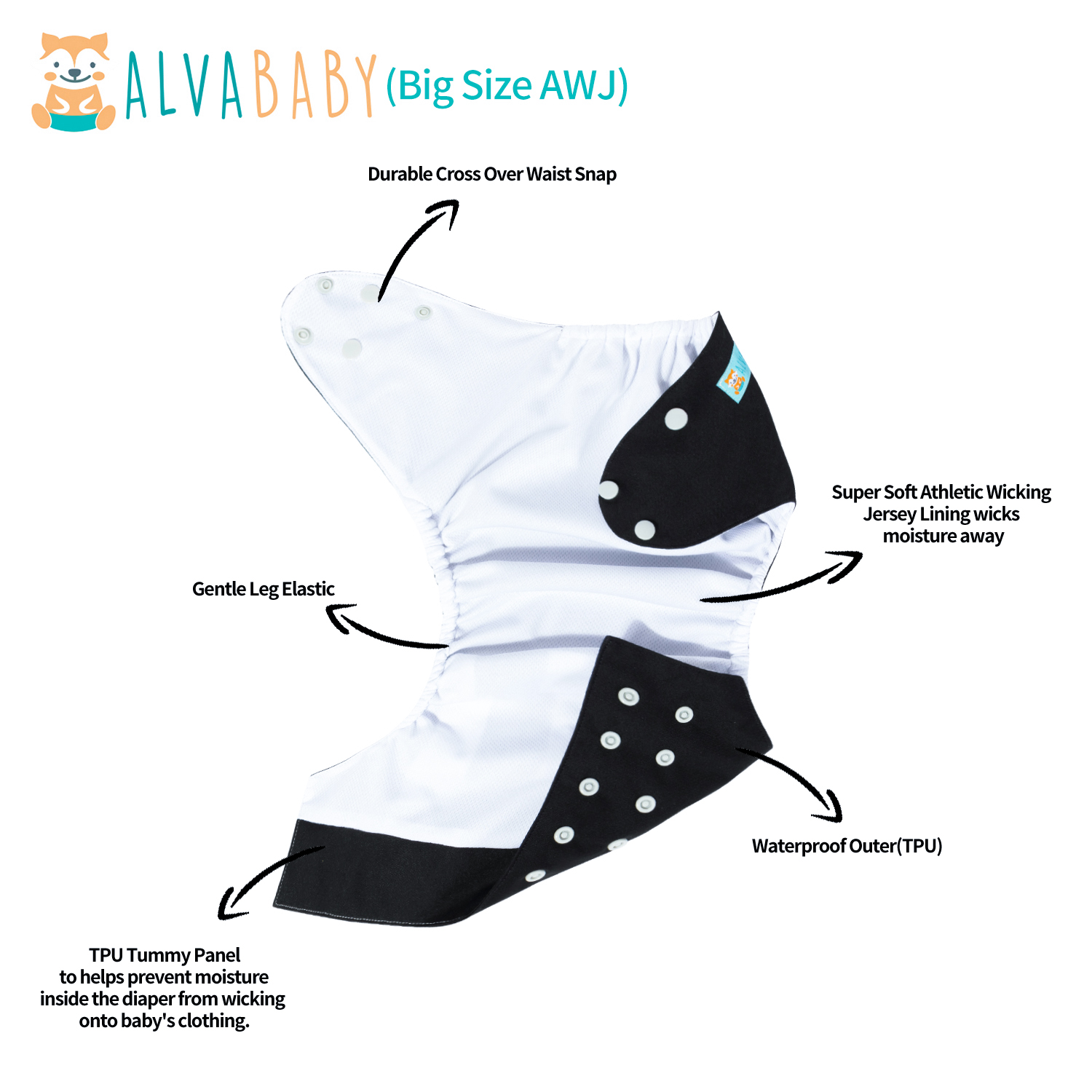Big Size Cloth Diaper with AWJ Lining & Tummy Panel | Breathable & Ideal for Sensitive Skin (Black, ZWJT-B26A)