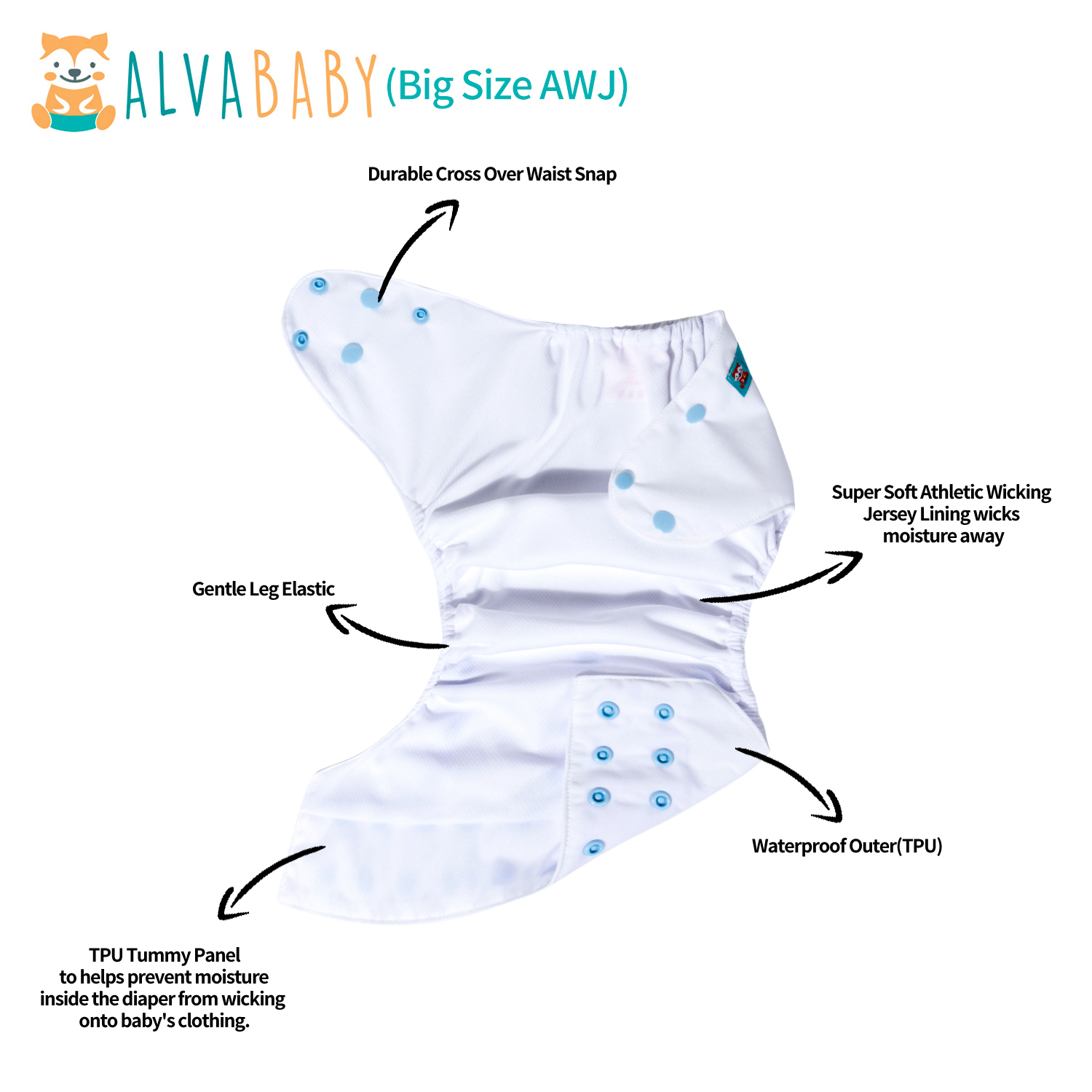 Big Size Cloth Diaper with AWJ Lining & Tummy Panel | Breathable & Ideal for Sensitive Skin (White, ZWJT-B09A)