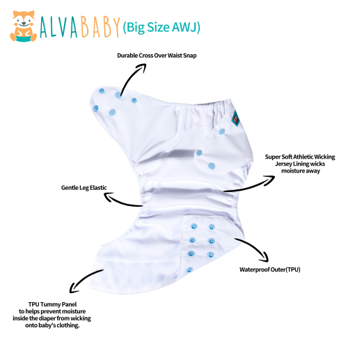 Big Size Cloth Diaper with AWJ Lining & Tummy Panel | Breathable & Ideal for Sensitive Skin (White, ZWJT-B09A)