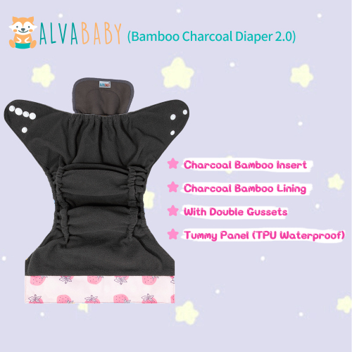 ALVABABY Bamboo Charcoal Cloth Diaper 2.0 with Double Gussets and Tummy Panel Each with 4-layer Charcoal Blend Insert -Strawberry (CHG-EW01A)