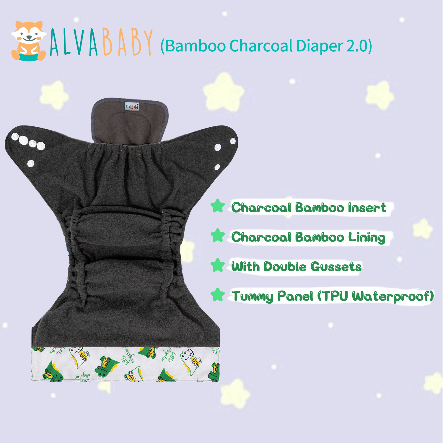 ALVABABY Bamboo Charcoal Cloth Diaper 2.0 with Double Gussets and Tummy Panel Each with 4-layer Charcoal Blend Insert - Dinosaur (CHG-EW03A)