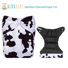 ALVABABY Bamboo Charcoal Cloth Diaper 2.0 with Double Gussets and Tummy Panel Each with 4-layer Charcoal Blend Insert-Cow (CHG-A10A)