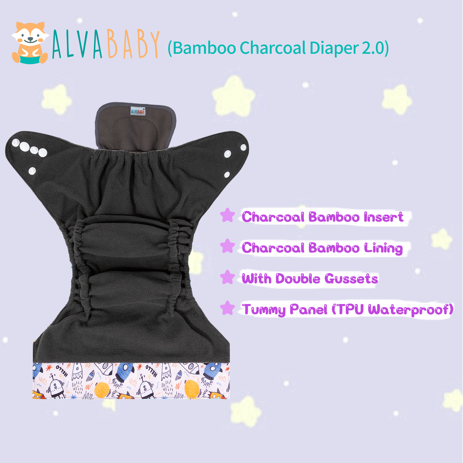 ALVABABY Bamboo Charcoal Cloth Diaper 2.0 with Double Gussets and Tummy Panel Each with 4-layer Charcoal Blend Insert -Rocket  (CHG-EW02A)