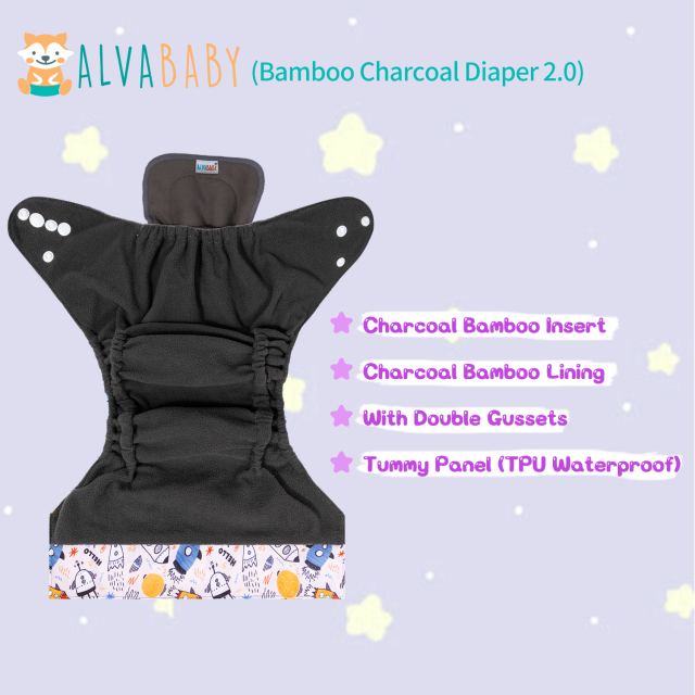 ALVABABY Double Gussets Bamboo Charcoal Diaper  with one 4-layer Charcoal Insert  (CHG-EW02A)