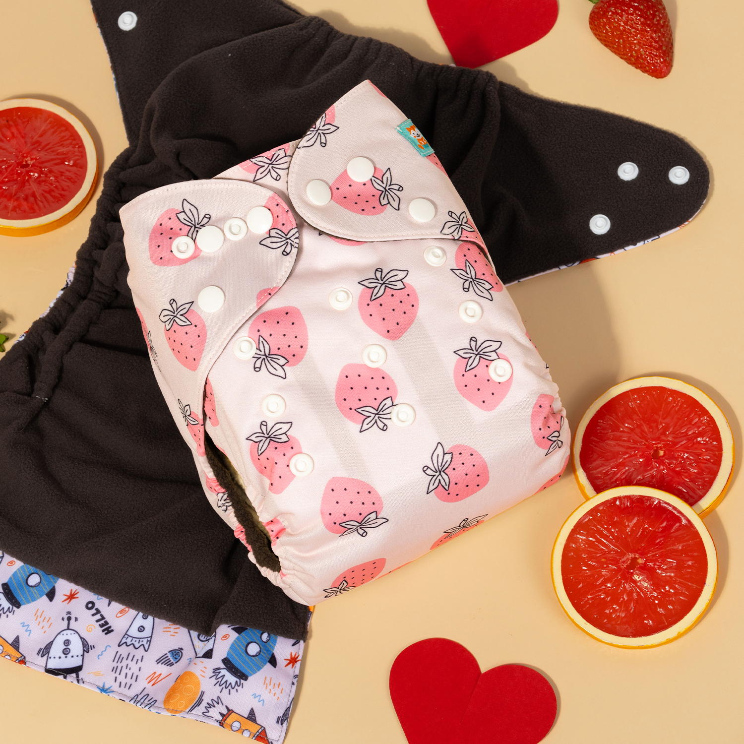ALVABABY Bamboo Charcoal Cloth Diaper 2.0 with Double Gussets and Tummy Panel Each with 4-layer Charcoal Blend Insert -Strawberry (CHG-EW01A)