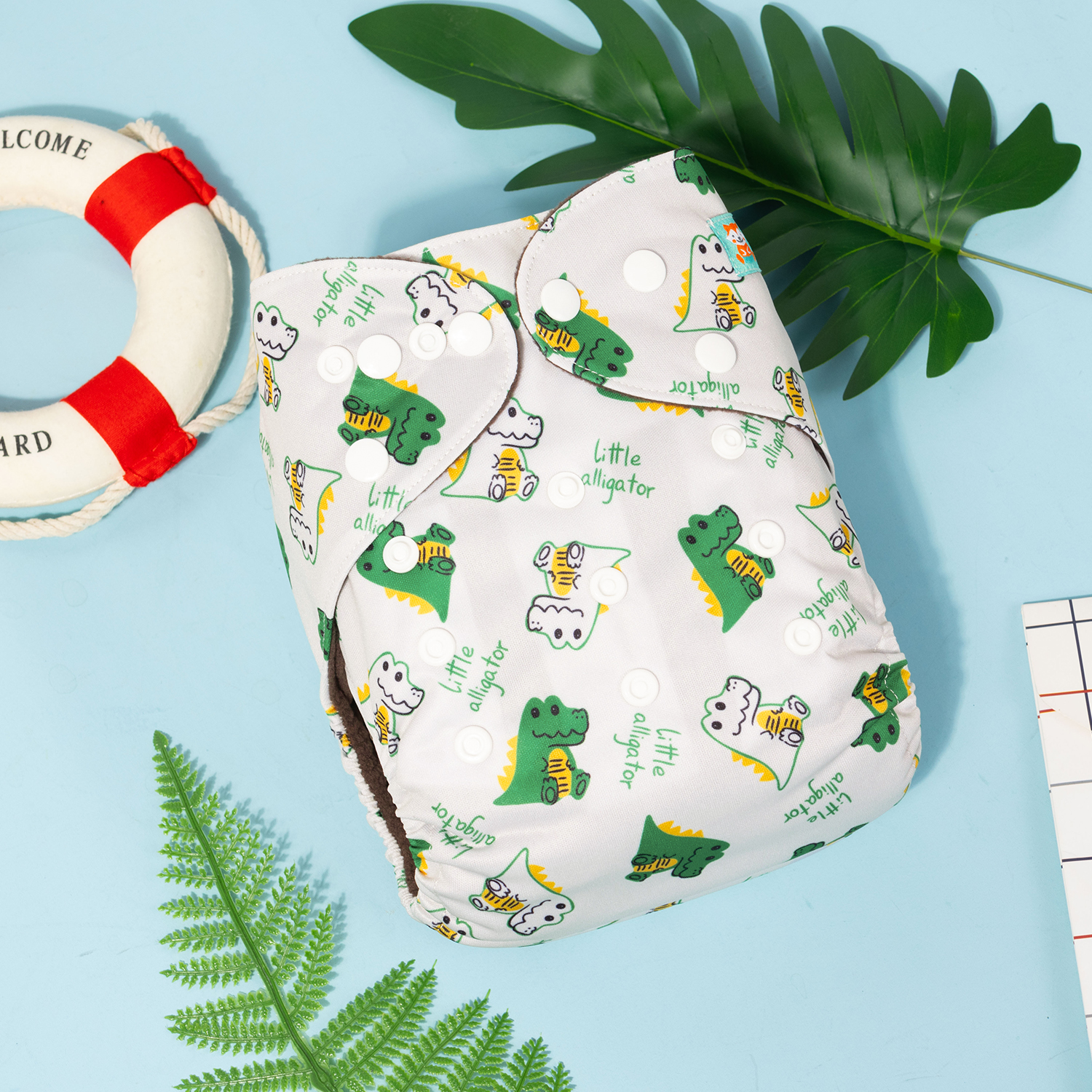 ALVABABY Bamboo Charcoal Cloth Diaper 2.0 with Double Gussets and Tummy Panel Each with 4-layer Charcoal Blend Insert - Dinosaur (CHG-EW03A)