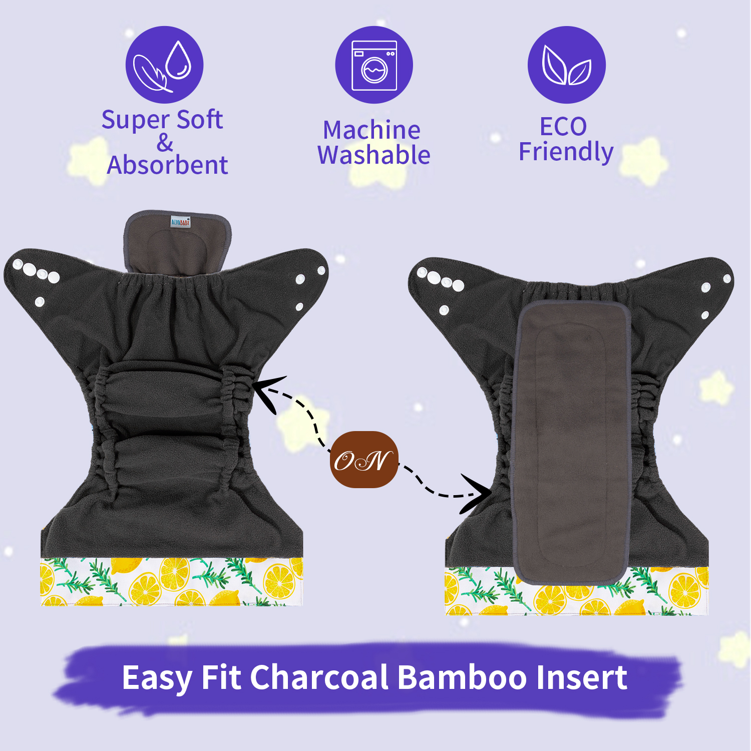 ALVABABY Bamboo Charcoal Cloth Diaper 2.0 with Double Gussets and Tummy Panel Each with 4-layer Charcoal Blend Insert- Lemon (CHG-H179A)