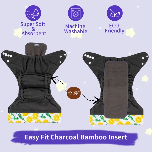 ALVABABY Double Gussets Bamboo Charcoal Diaper  with one 4-layer Charcoal Insert  (CHG-H179A)