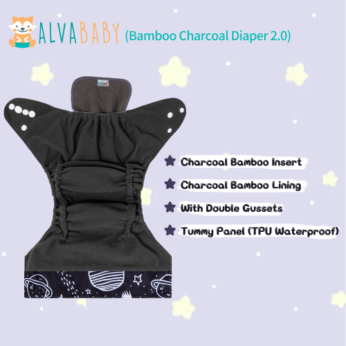 ALVABABY Bamboo Charcoal Cloth Diaper 2.0 with Double Gussets and Tummy Panel Each with 4-layer Charcoal Blend Insert-Planet (CHG-H040A)