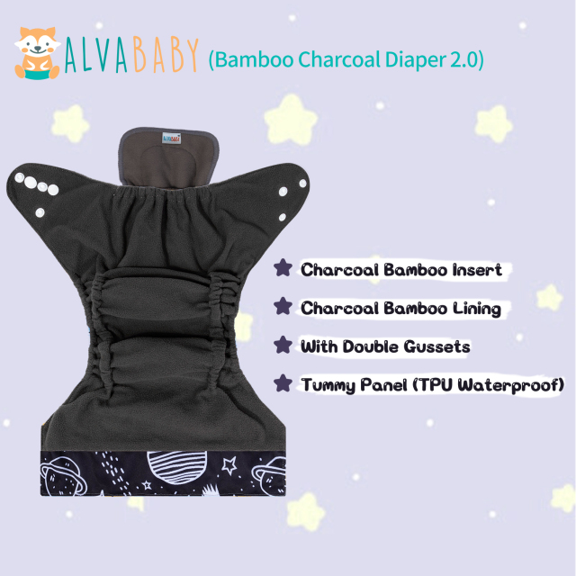 ALVABABY Double Gussets Bamboo Charcoal Diaper  with one 4-layer Charcoal Insert  (CHG-H040A)