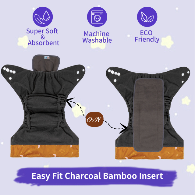 ALVABABY Double Gussets Bamboo Charcoal Diaper  with one 4-layer Charcoal Insert  (CHG-H443A)