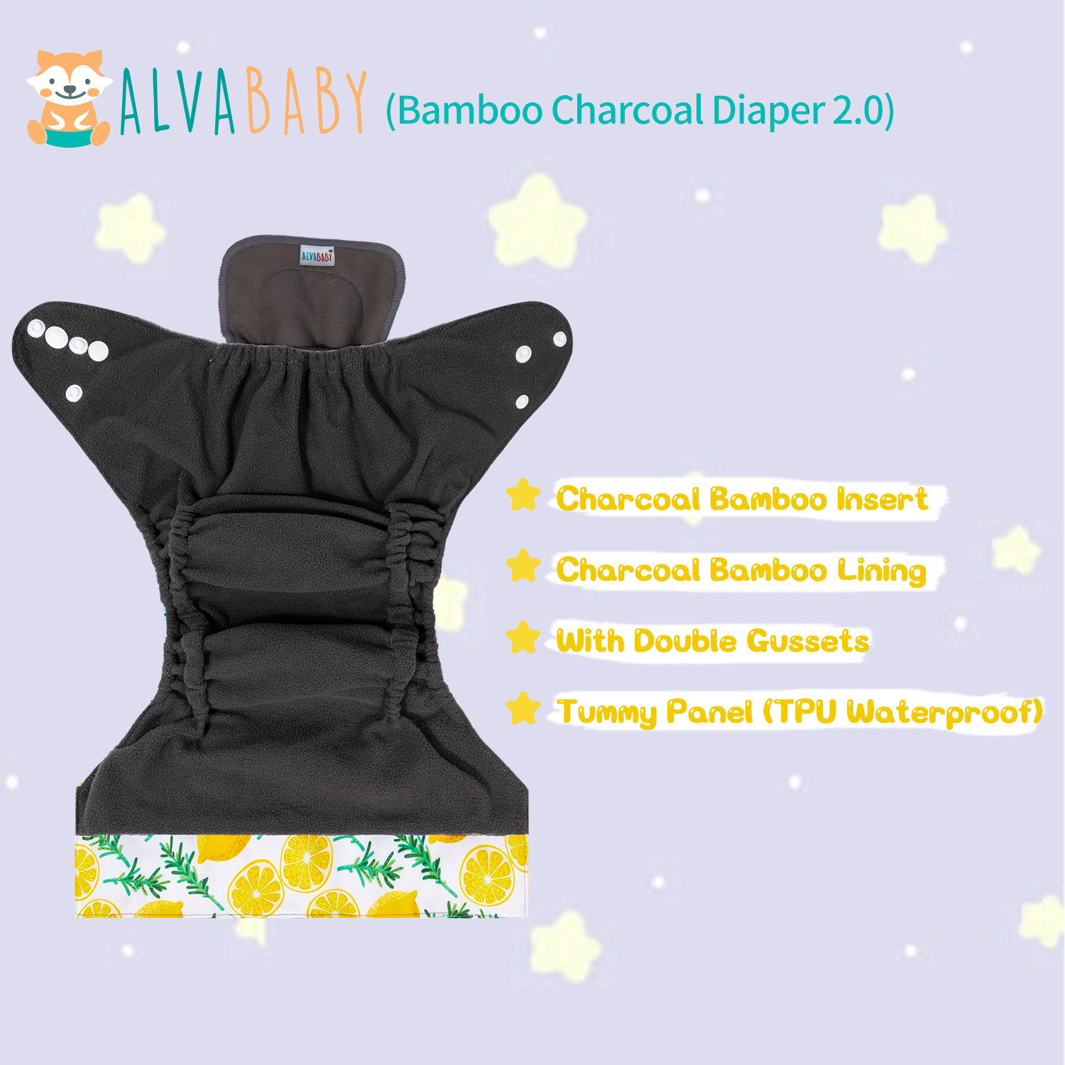 ALVABABY Bamboo Charcoal Cloth Diaper 2.0 with Double Gussets and Tummy Panel Each with 4-layer Charcoal Blend Insert- Lemon (CHG-H179A)