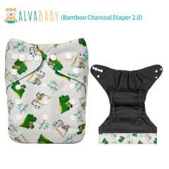 ALVABABY Bamboo Charcoal Cloth Diaper 2.0 with Double Gussets and Tummy Panel Each with 4-layer Charcoal Blend Insert - Dinosaur (CHG-EW03A)