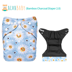 ALVABABY Bamboo Charcoal Cloth Diaper 2.0 with Double Gussets and Tummy Panel Each with 4-layer Charcoal Blend Insert-Flowers (CHG-H433A)