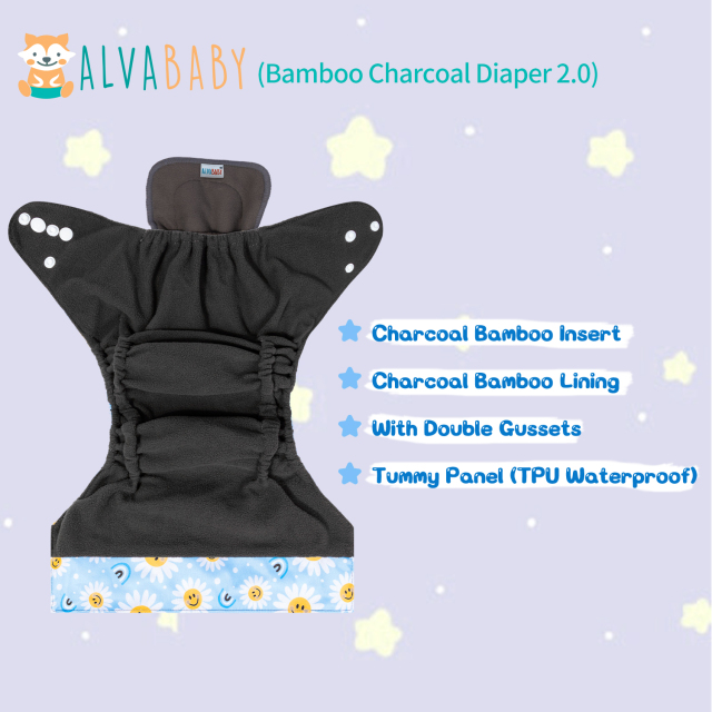 ALVABABY Double Gussets Bamboo Charcoal Diaper  with one 4-layer Charcoal Insert  (CHG-H433A)