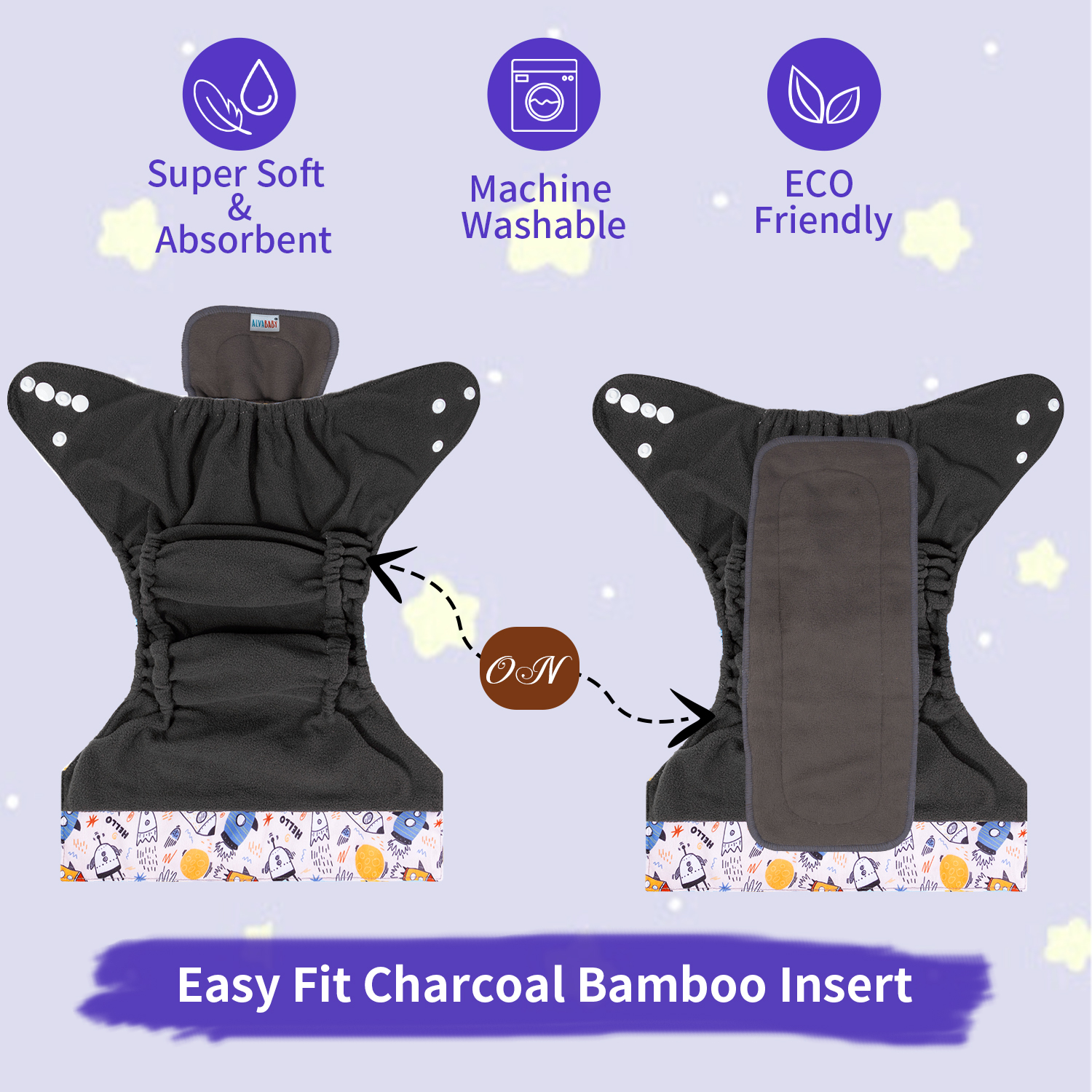 ALVABABY Bamboo Charcoal Cloth Diaper 2.0 with Double Gussets and Tummy Panel Each with 4-layer Charcoal Blend Insert -Rocket  (CHG-EW02A)