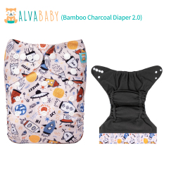 ALVABABY Bamboo Charcoal Cloth Diaper 2.0 with Double Gussets and Tummy Panel Each with 4-layer Charcoal Blend Insert -Rocket  (CHG-EW02A)