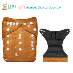 ALVABABY Bamboo Charcoal Cloth Diaper 2.0 with Double Gussets and Tummy Panel Each with 4-layer Charcoal Blend Insert  (CHG-H443A)