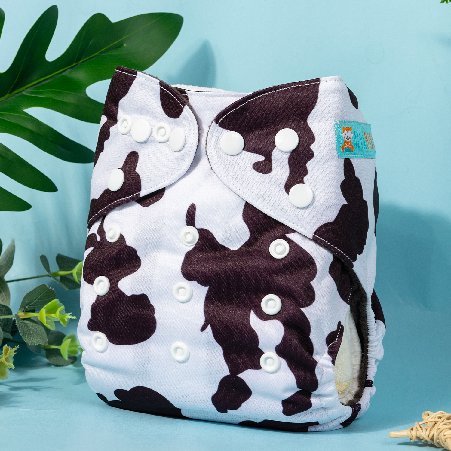 ALVABABY Bamboo Charcoal Cloth Diaper 2.0 with Double Gussets and Tummy Panel Each with 4-layer Charcoal Blend Insert-Cow (CHG-A10A)