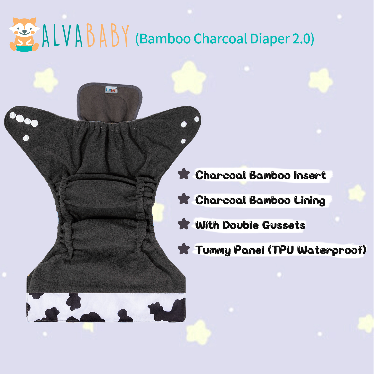 ALVABABY Bamboo Charcoal Cloth Diaper 2.0 with Double Gussets and Tummy Panel Each with 4-layer Charcoal Blend Insert-Cow (CHG-A10A)