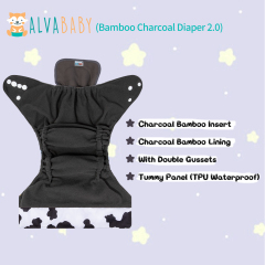 ALVABABY Double Gussets Bamboo Charcoal Diaper  with one 4-layer Charcoal Insert  (CHG-A10A)