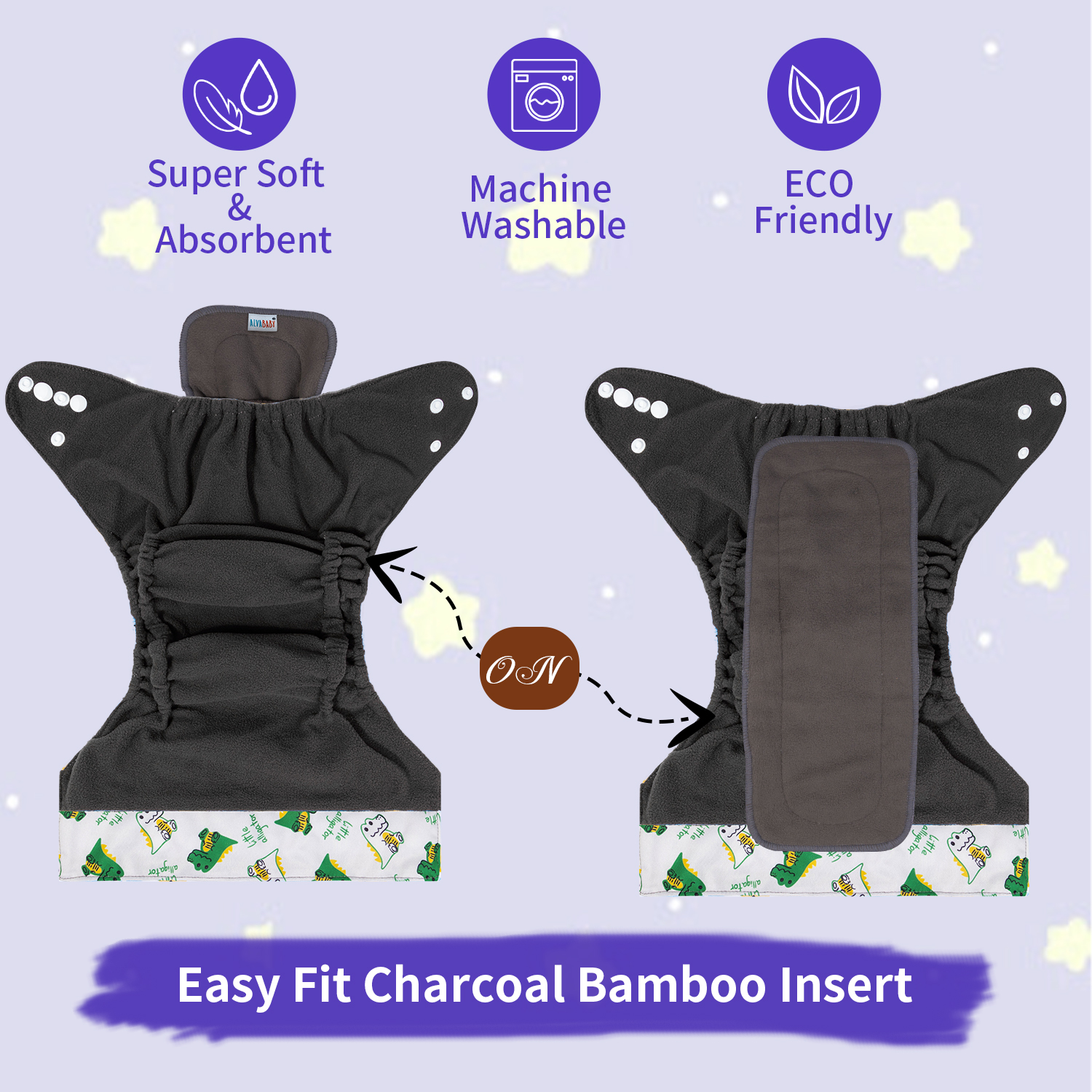 ALVABABY Bamboo Charcoal Cloth Diaper 2.0 with Double Gussets and Tummy Panel Each with 4-layer Charcoal Blend Insert - Dinosaur (CHG-EW03A)