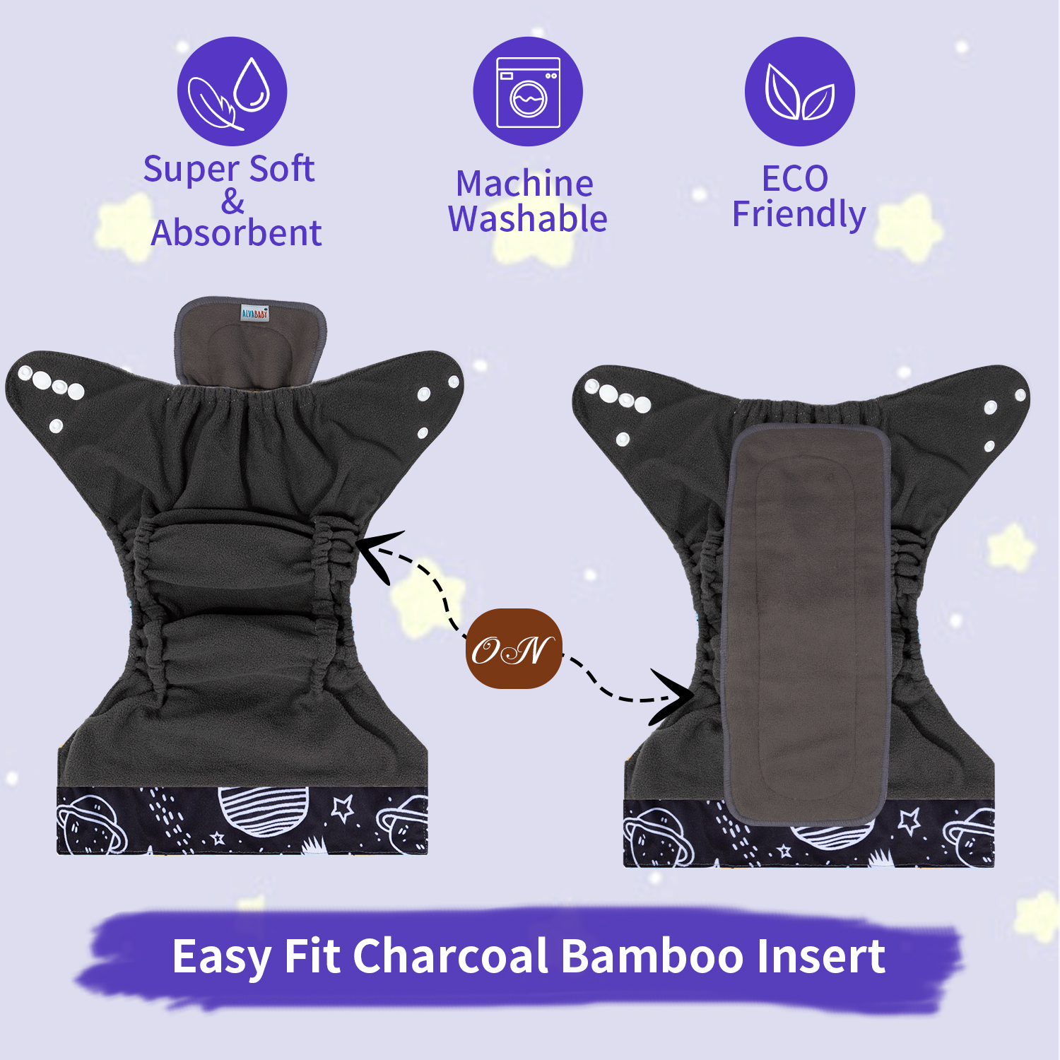 ALVABABY Bamboo Charcoal Cloth Diaper 2.0 with Double Gussets and Tummy Panel Each with 4-layer Charcoal Blend Insert-Planet (CHG-H040A)