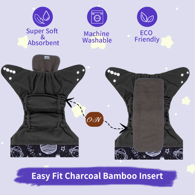 ALVABABY Double Gussets Bamboo Charcoal Diaper  with one 4-layer Charcoal Insert  (CHG-H040A)