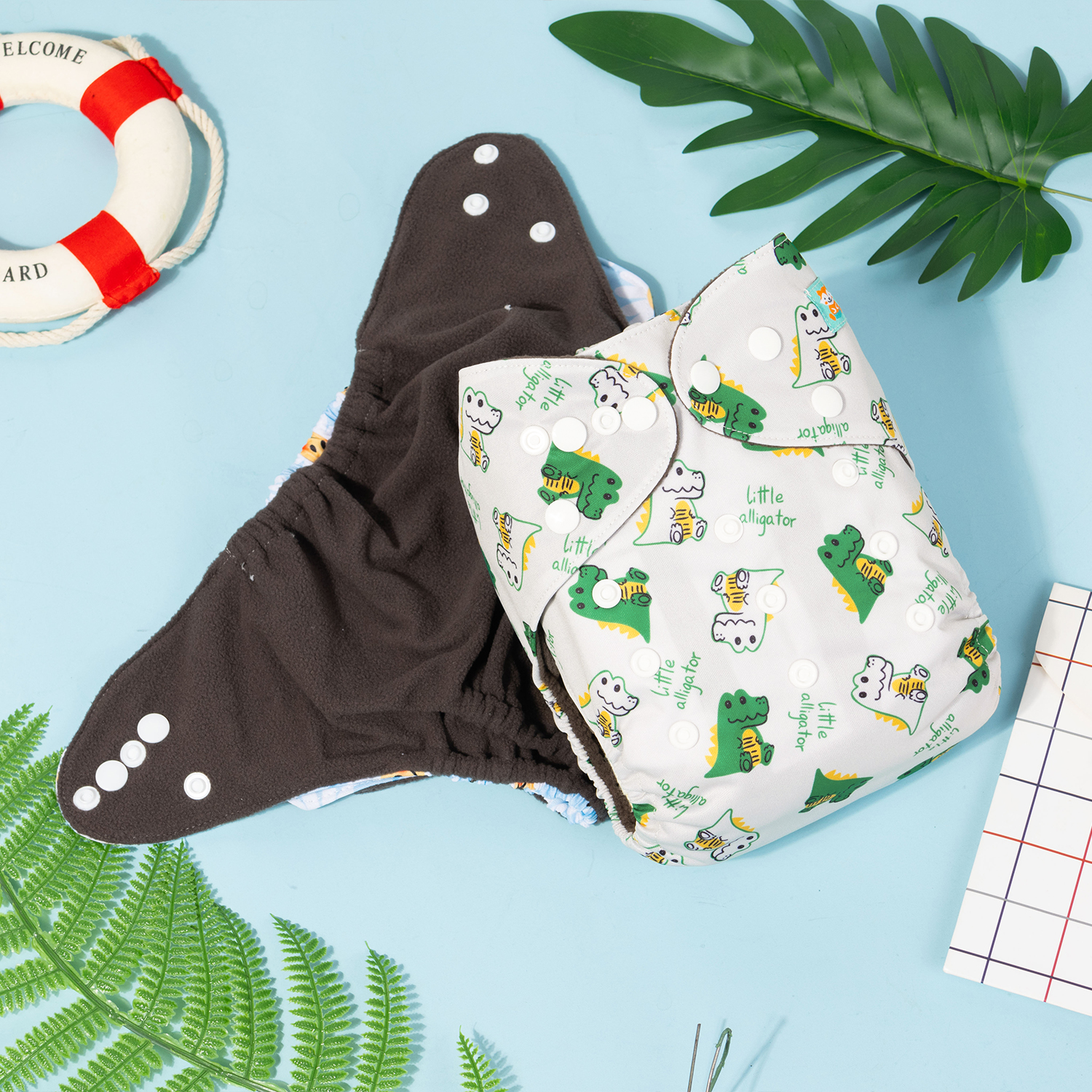 ALVABABY Bamboo Charcoal Cloth Diaper 2.0 with Double Gussets and Tummy Panel Each with 4-layer Charcoal Blend Insert - Dinosaur (CHG-EW03A)