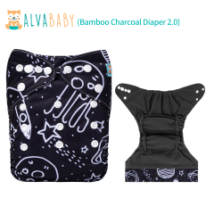 ALVABABY Bamboo Charcoal Cloth Diaper 2.0 with Double Gussets and Tummy Panel Each with 4-layer Charcoal Blend Insert-Planet (CHG-H040A)
