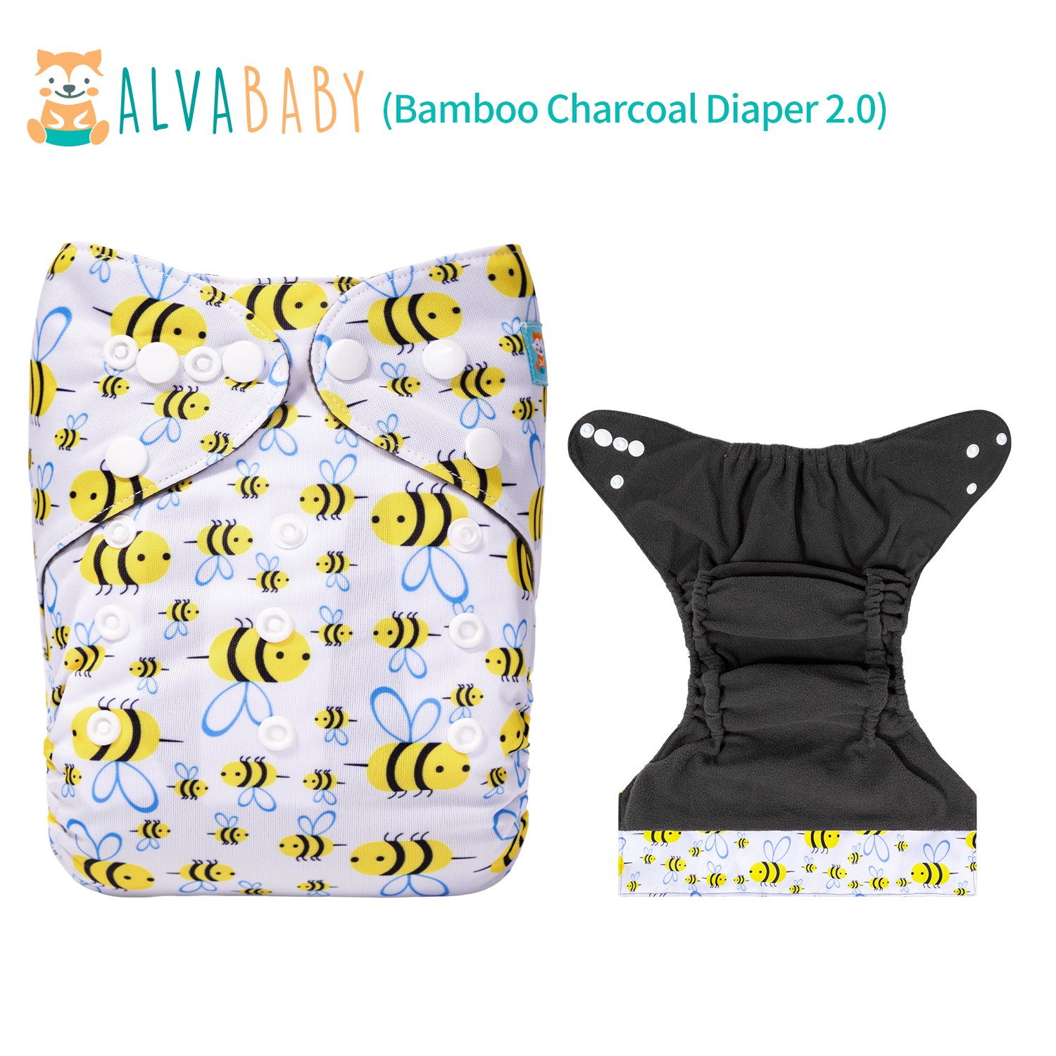 (Various Patterns) Bamboo Charcoal Cloth Diaper 2.0 with Double Gussets and Tummy Panel Each with 4-layer-Charcoal-Blend Insert