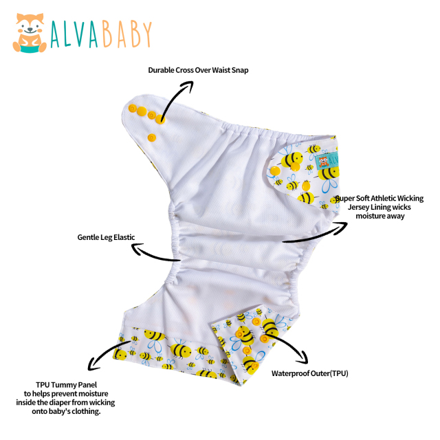 ALVABABY AWJ Lining Cloth Diaper with Tummy Panel for Babies -Bee(WJT-H117A)