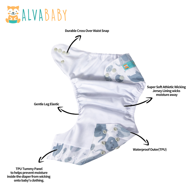 ALVABABY AWJ Lining Cloth Diaper with Tummy Panel for Babies -Elephant(WJT-H396A)