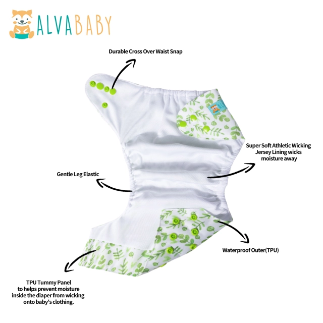 ALVABABY AWJ Lining Cloth Diaper with Tummy Panel for Babies -Leaf(WJT-H187A)