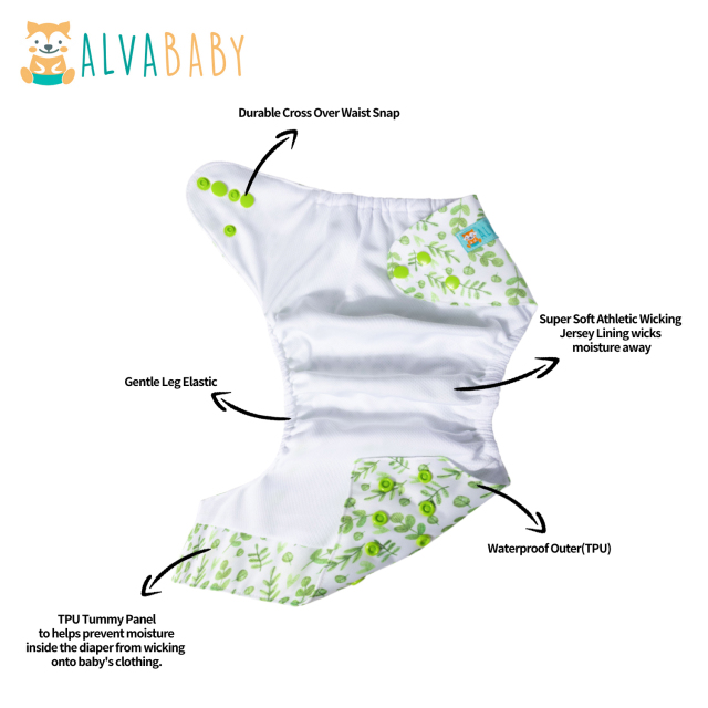 ALVABABY AWJ Lining Cloth Diaper with Tummy Panel for Babies -Leaf(WJT-H187A)